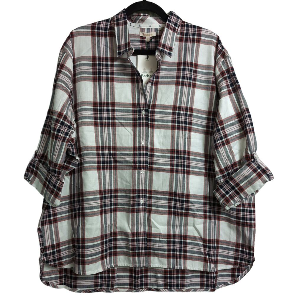 Barbour Bethwin Shirt Cloud Check Herringbone Plaid Button Front 14 New